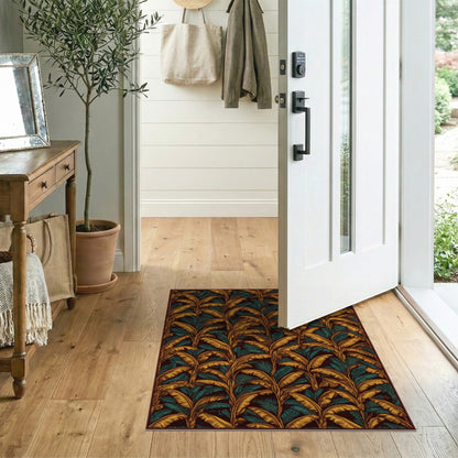 Gold Teal Leaf Boho Area Rug