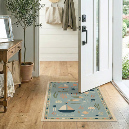 Blue Coastal Sailboats Area Rug