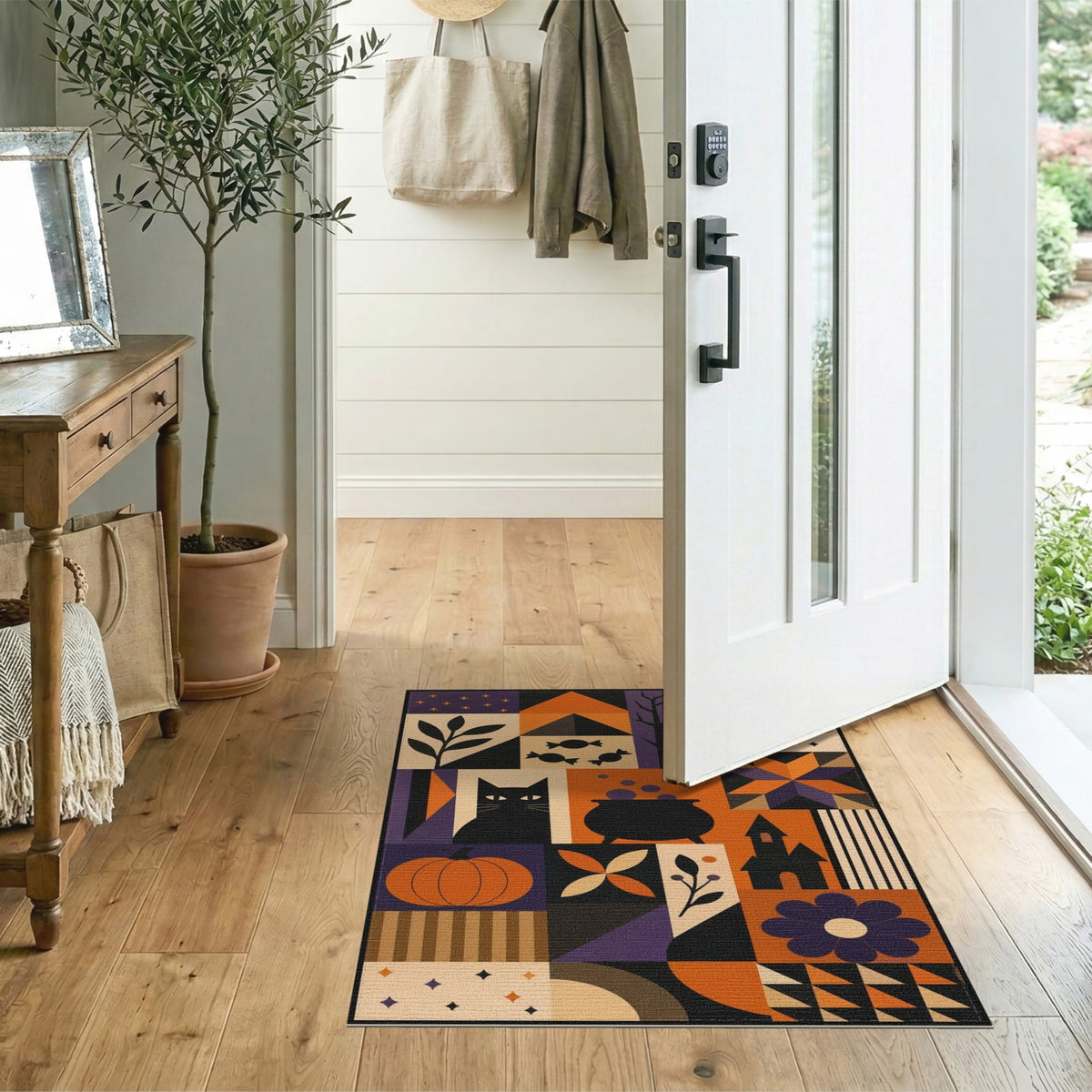 Halloween Geometric Black Cat Area Rug