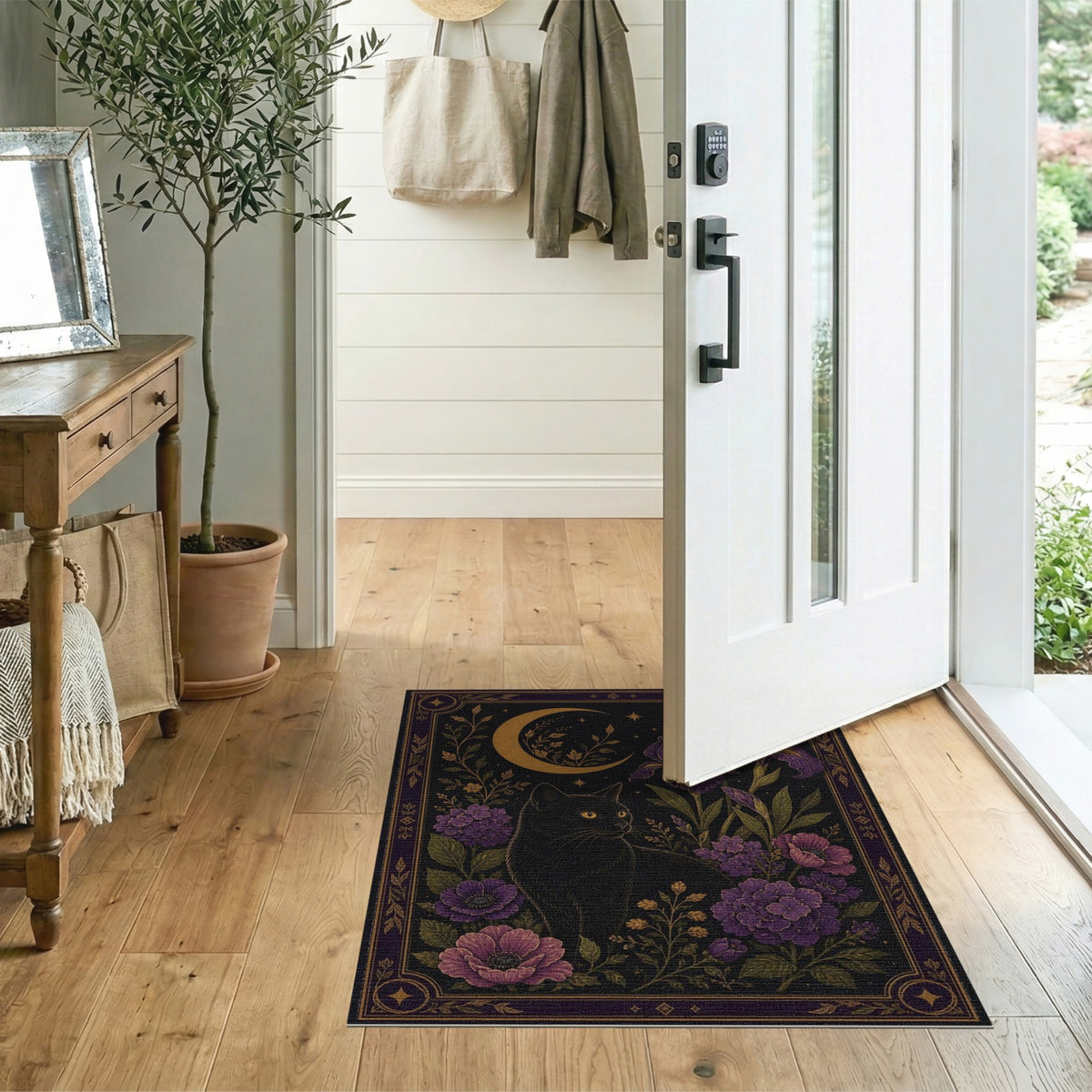 Mystical Black Cat Purple Floral Moon Area Rug
