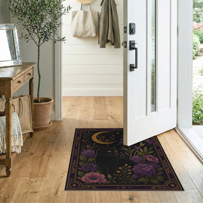 Mystical Black Cat Purple Floral Moon Area Rug