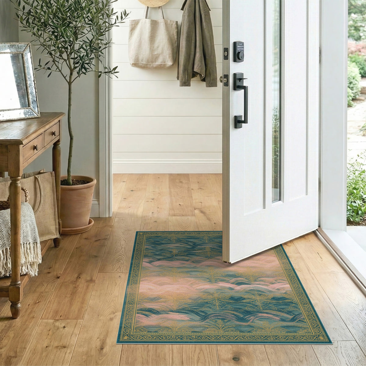Blue Teal Floral Wave Vintage Area Rug