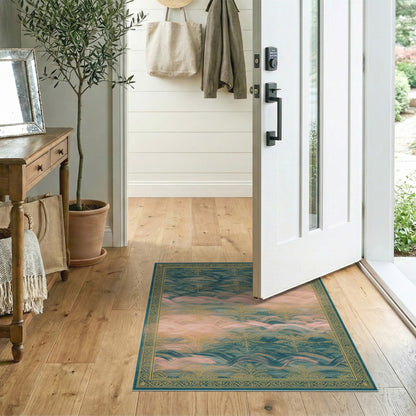 Blue Teal Floral Wave Vintage Area Rug
