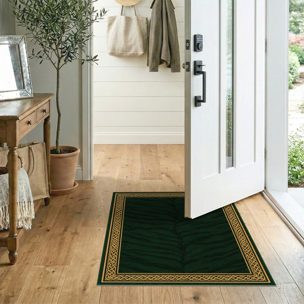 Dark Green Tiger Stripe Area Rug with Gold Border