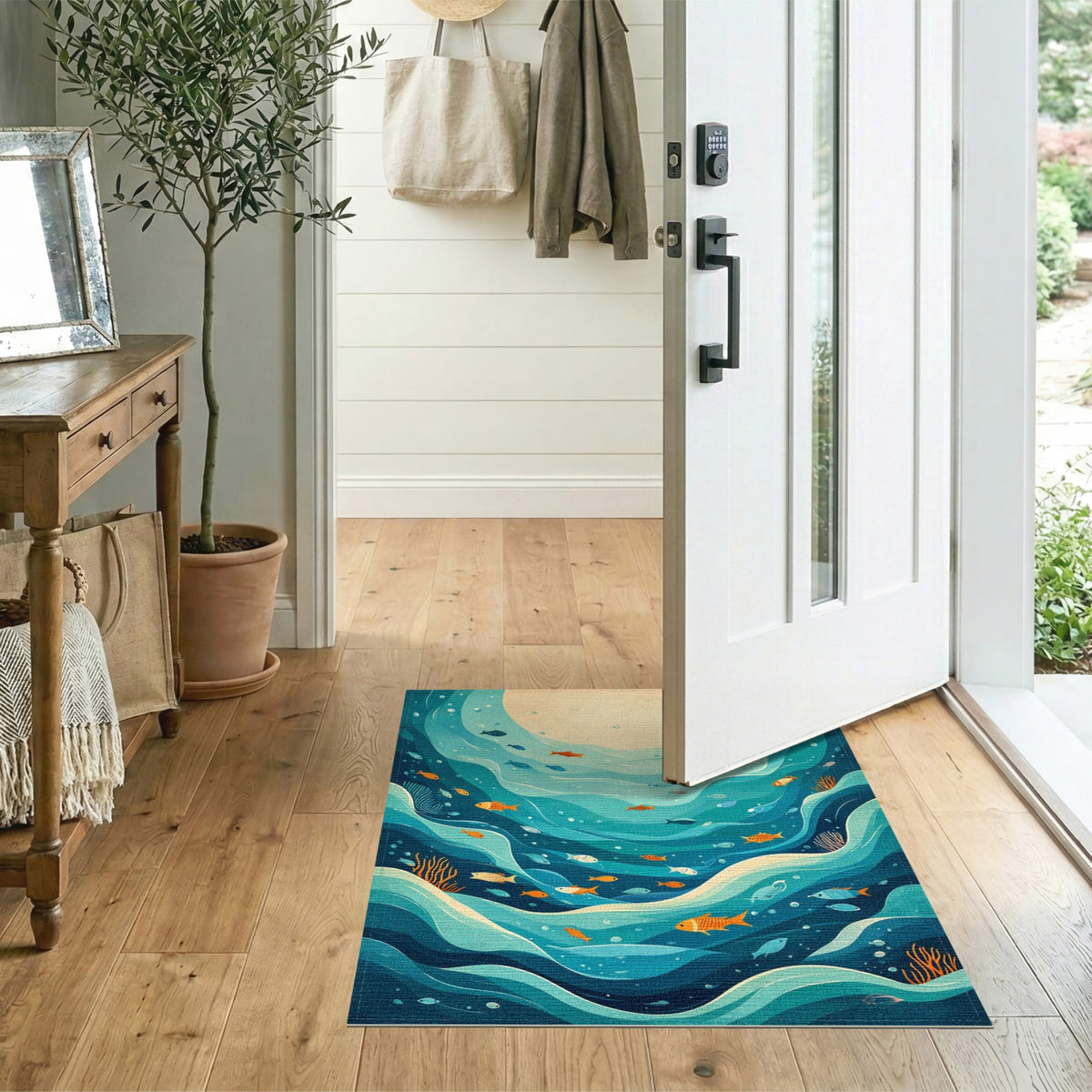 Ocean Wave Fish Blue Teal Area Rug