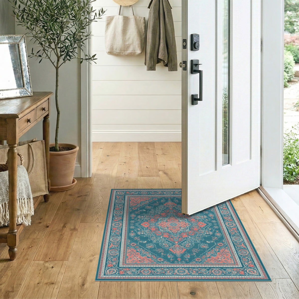 Teal Coral Traditional Persian Area Rug