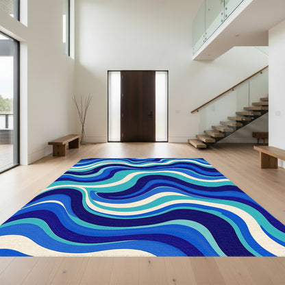 Navy Teal Wavy Abstract Rug