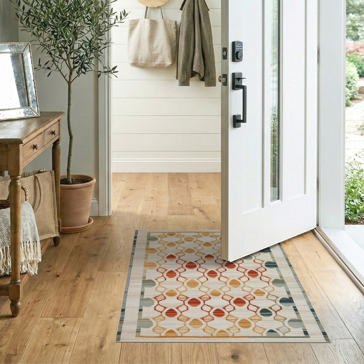 Modern Geometric Orange Teal Area Rug
