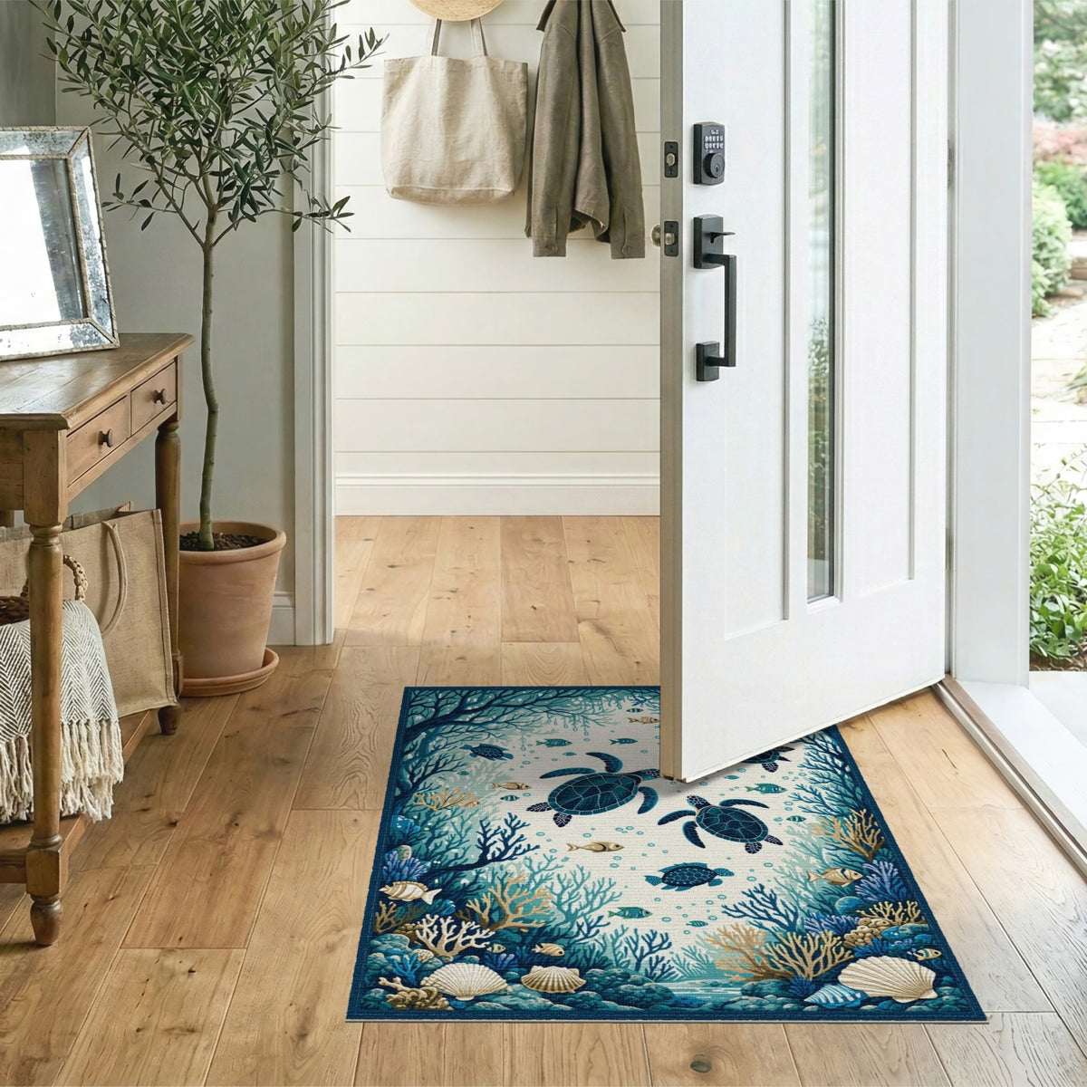 Blue and Teal Blue Teal Sea Turtle Coastal Area Rug