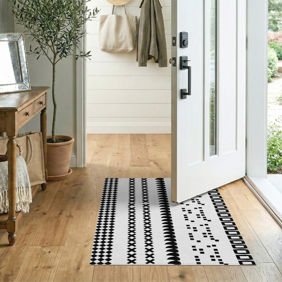 Black White Geometric Striped Area Rug