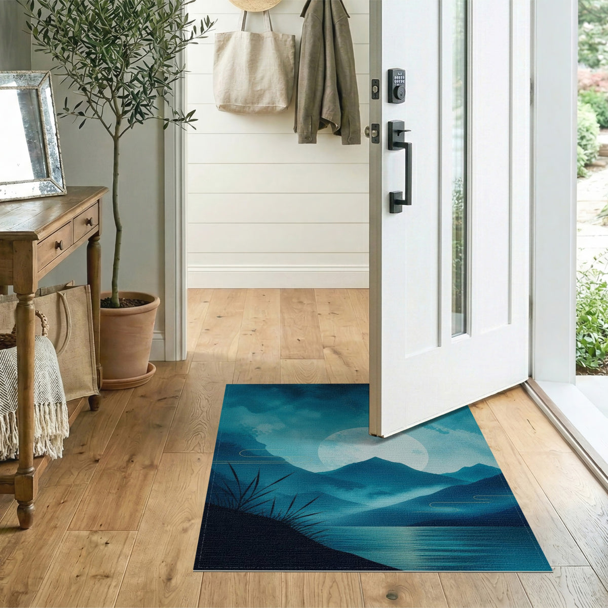 Blue Teal Moonlit Mountains Washable Area Rug