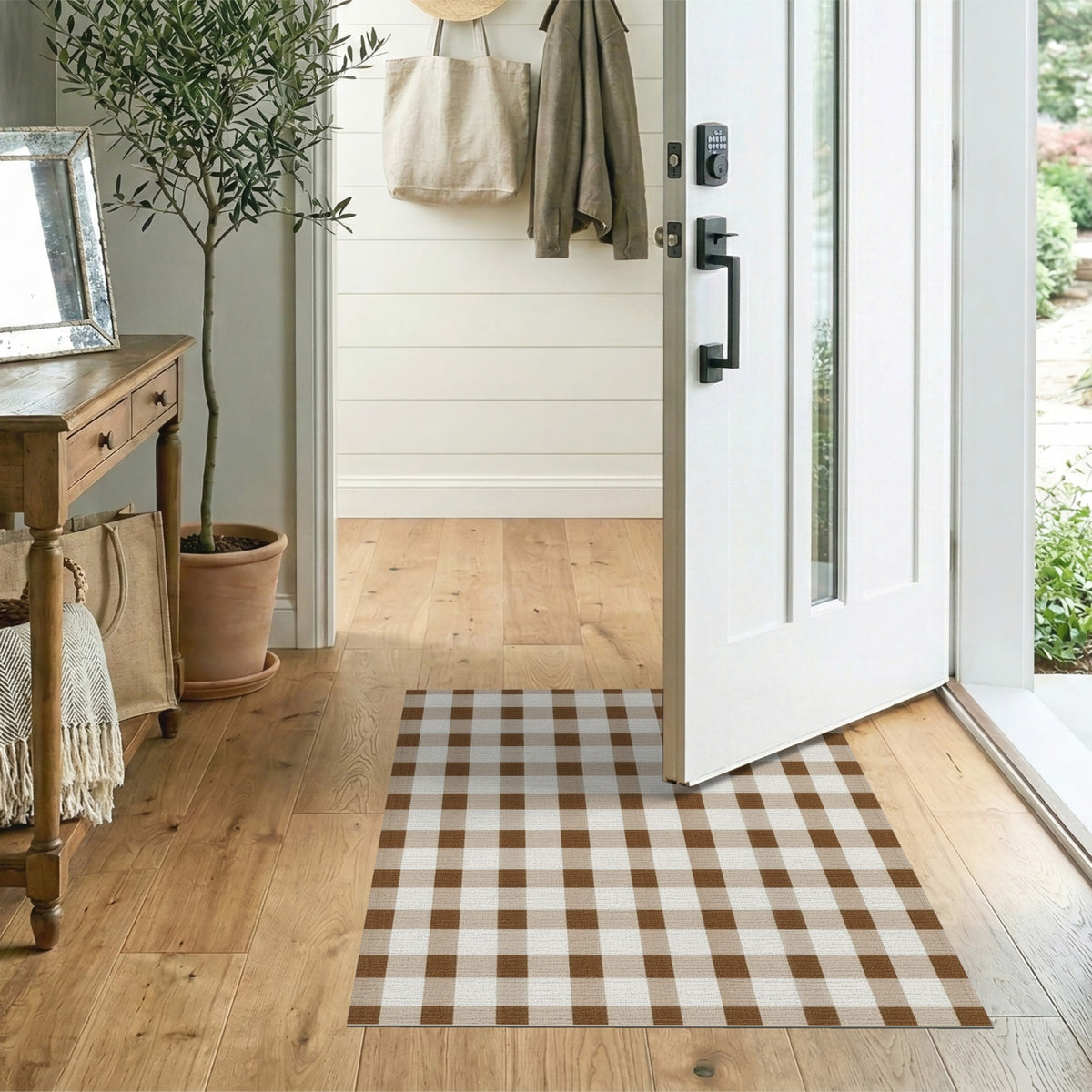 Rustic Farmhouse Brown Gingham Checkered Area Rug