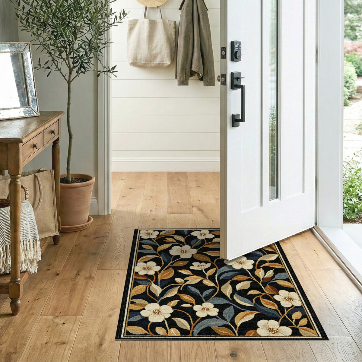 Vintage Floral Black Area Rug with Cream Blooms