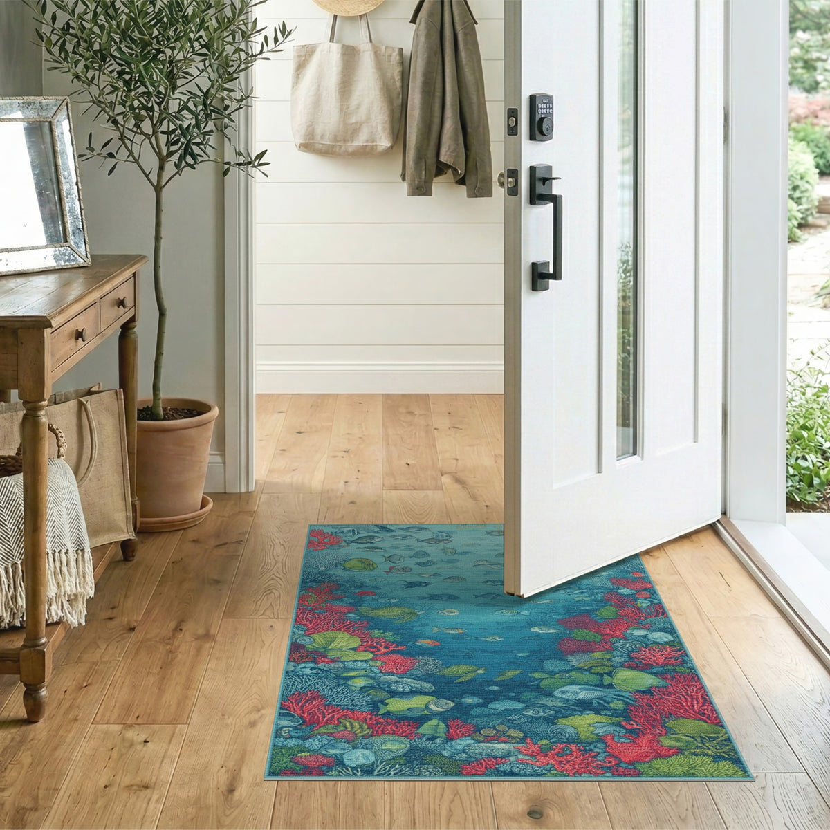 Blue and Teal Ocean Coral Reef Fish Area Rug