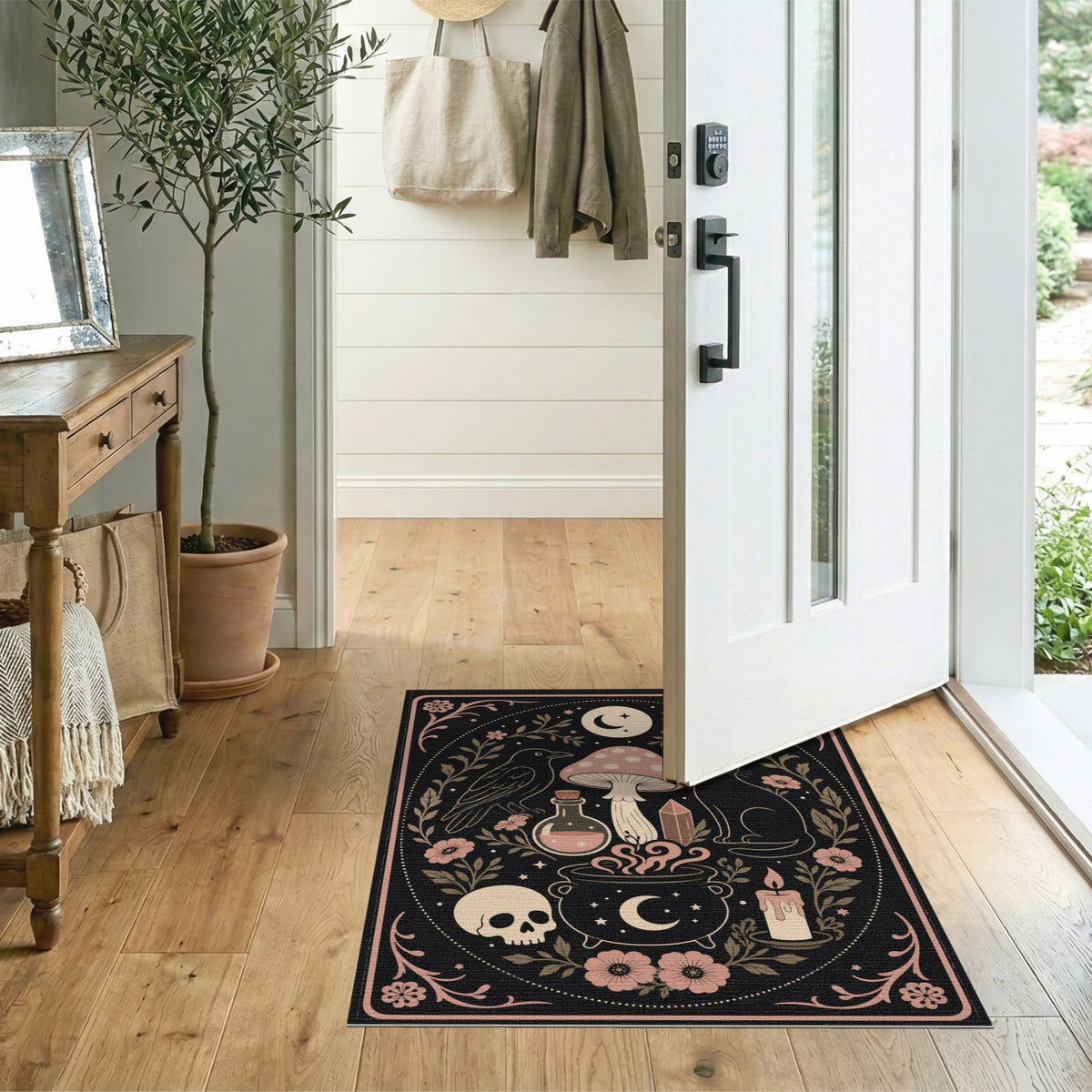 Black and White Mystical Black Cat Cauldron Area Rug