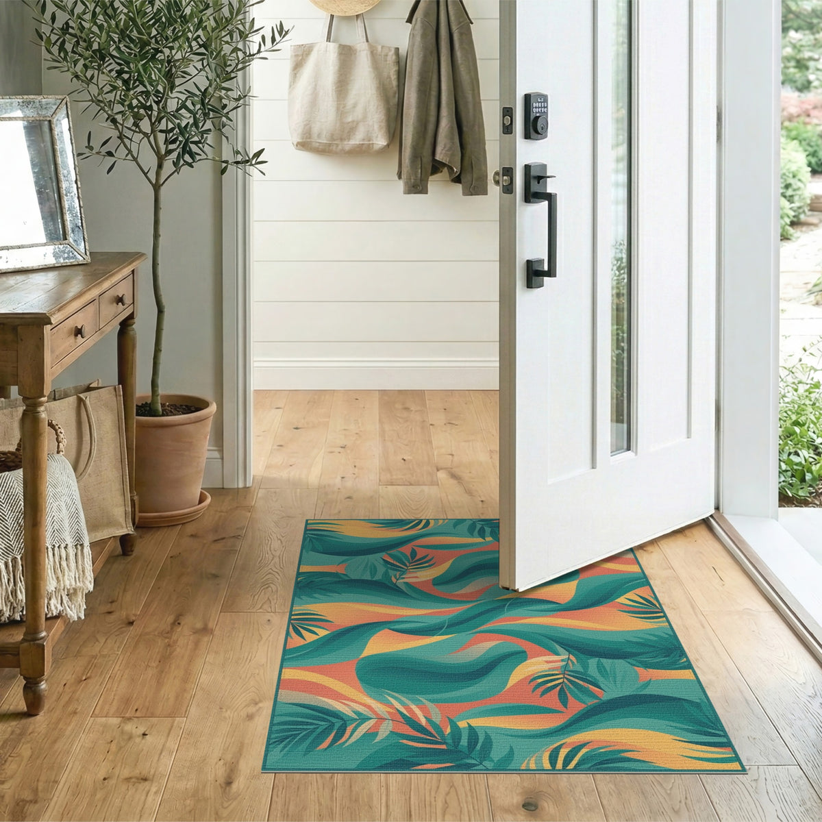 Blue Teal Abstract Palm Area Rug