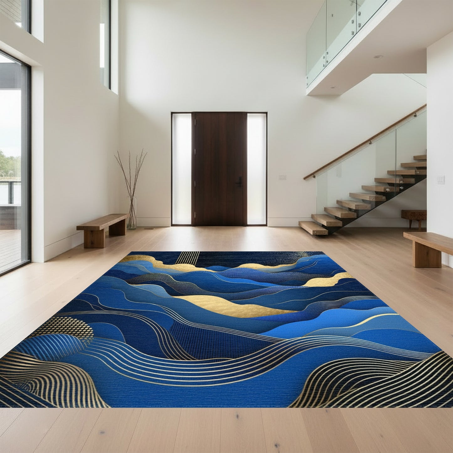 Abstract Blue Gold Wavy Mountains Rug
