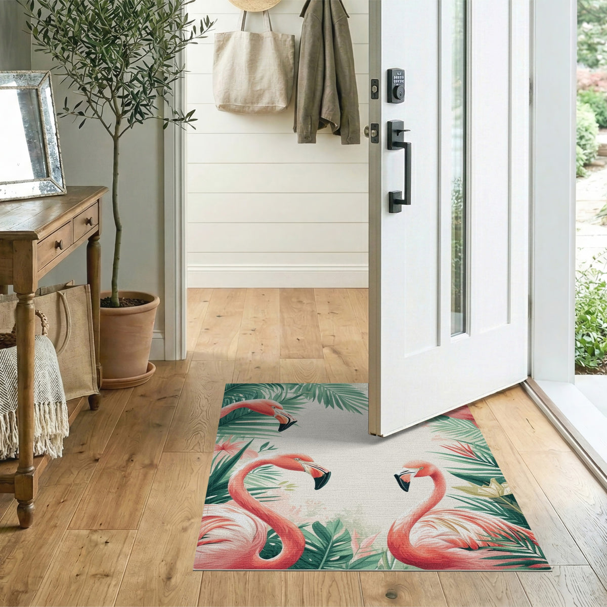 Flamingo Coastal Beach Pink Flamingo Palm Leaf Area Rug