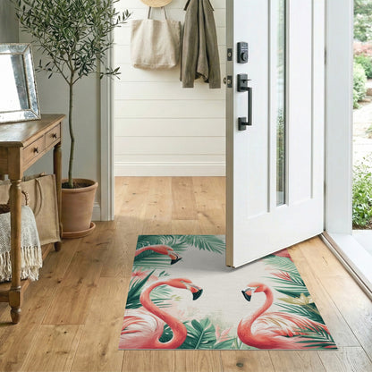 Flamingo Coastal Beach Pink Flamingo Palm Leaf Area Rug
