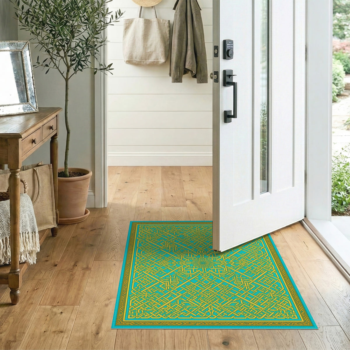 Blue and Teal Geometric Interlock Area Rug
