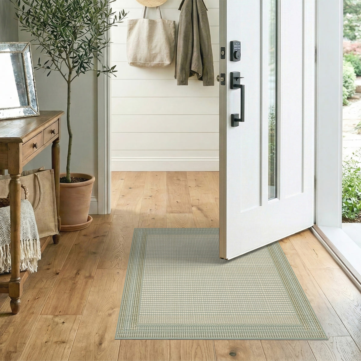 Washable Beige Geometric Border Rug