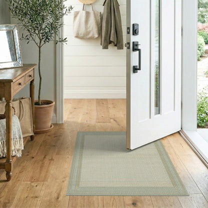 Washable Beige Geometric Border Rug