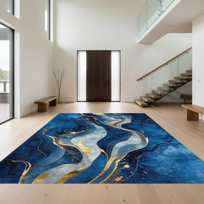 Navy Gold Flowing Waves Rug