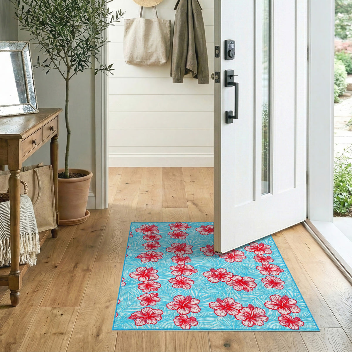 Red Hibiscus Blue Floral Area Rug