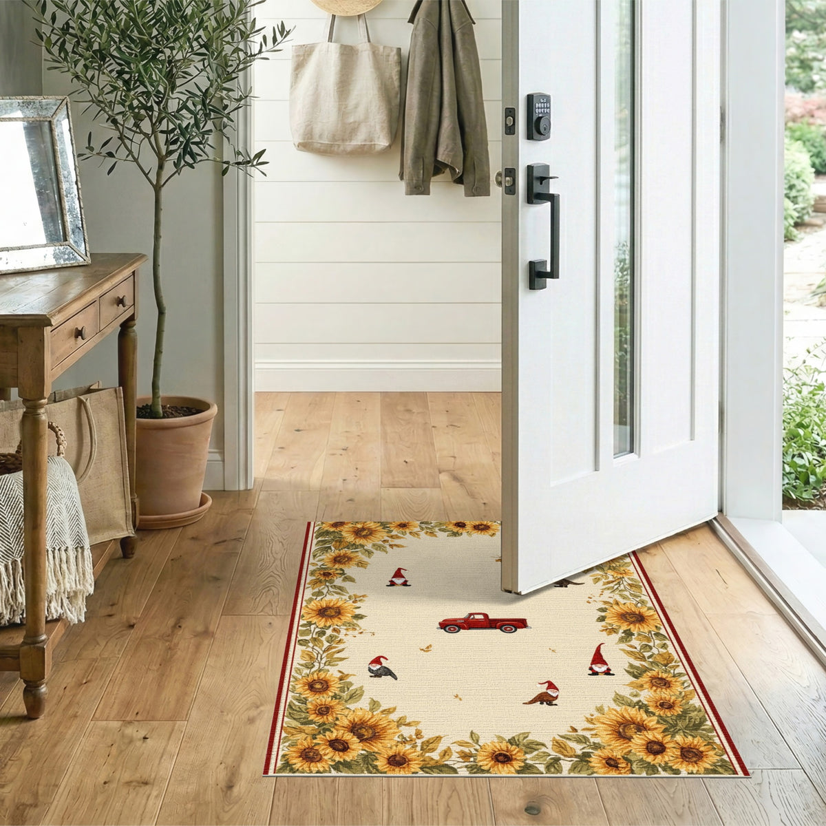 Sunflower Gnome Red Truck Beige Area Rug