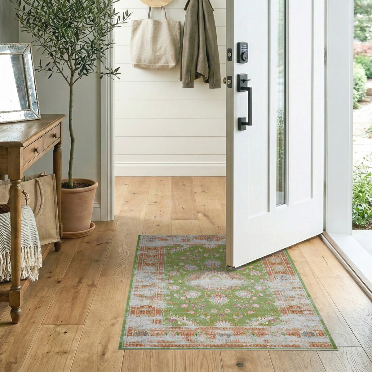 Green Floral Distressed Vintage Area Rug