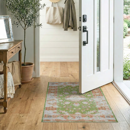 Green Floral Distressed Vintage Area Rug