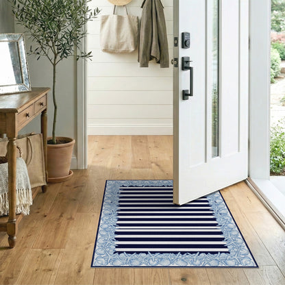 Navy Striped Coastal Area Rug with Seashell Starfish Border