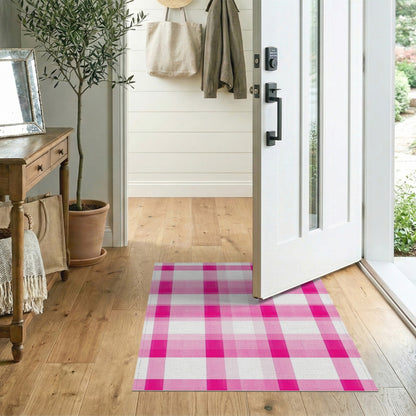 Pink Geometric Modern Pink Gingham Checkered Washable Area Rug