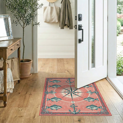 Coastal Beach Red Nautical Compass Anchor Area Rug