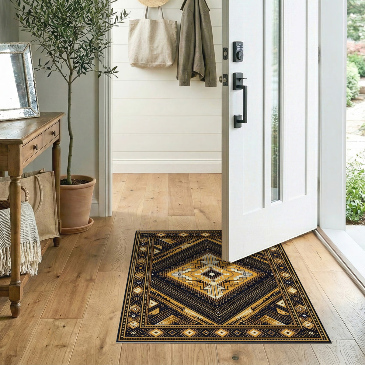 Black Gold Tribal Diamond Area Rug