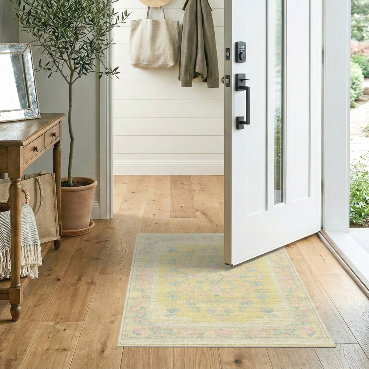 Pastel Yellow Rose Floral Vintage Area Rug