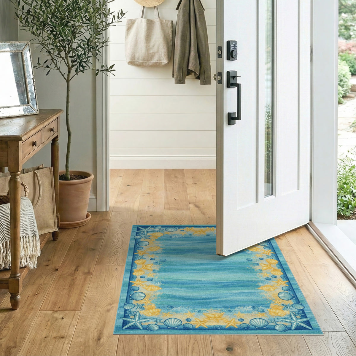 Coastal Blue Wave Seashell Starfish Area Rug