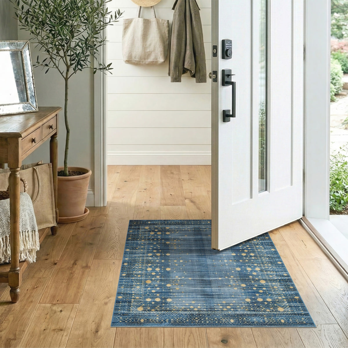 Blue Gold Dot Abstract Area Rug