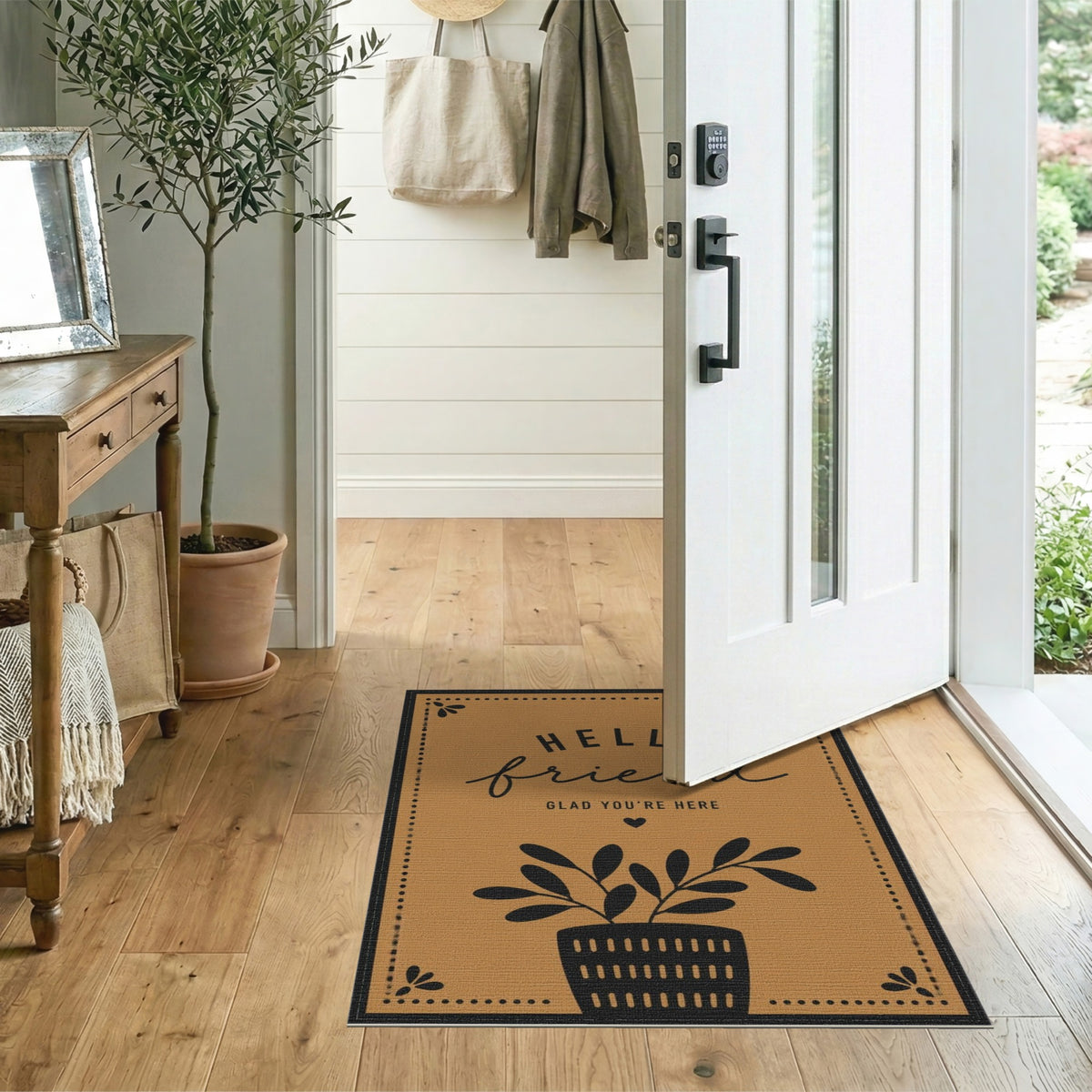 Hello Friend Welcome Area Rug in Brown Tan