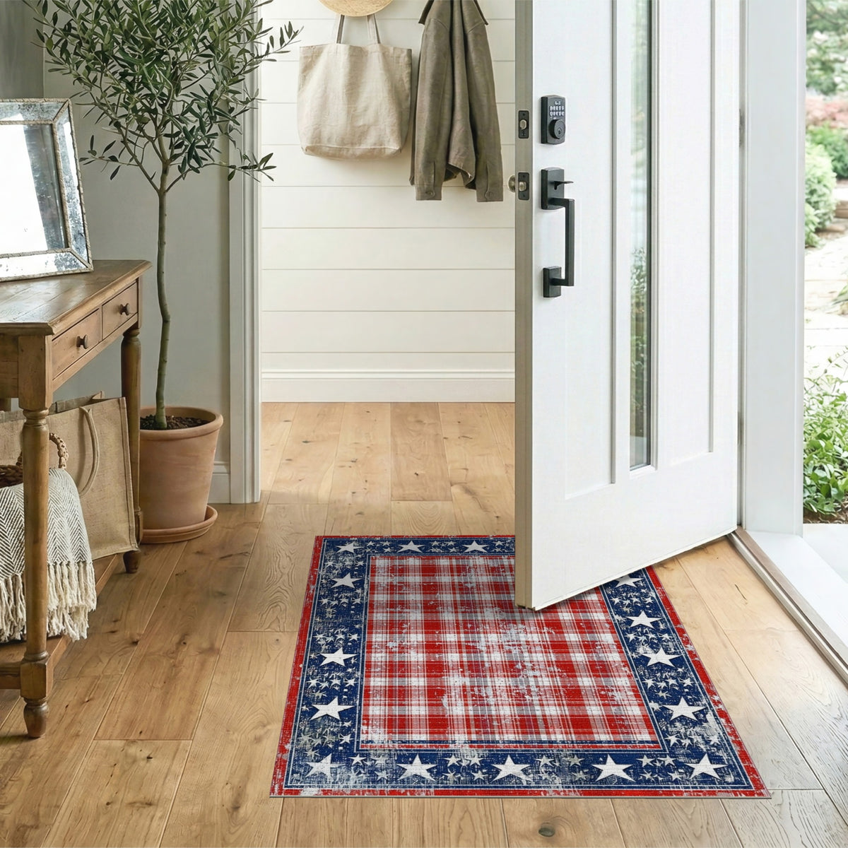 Distressed Patriotic Plaid Area Rug