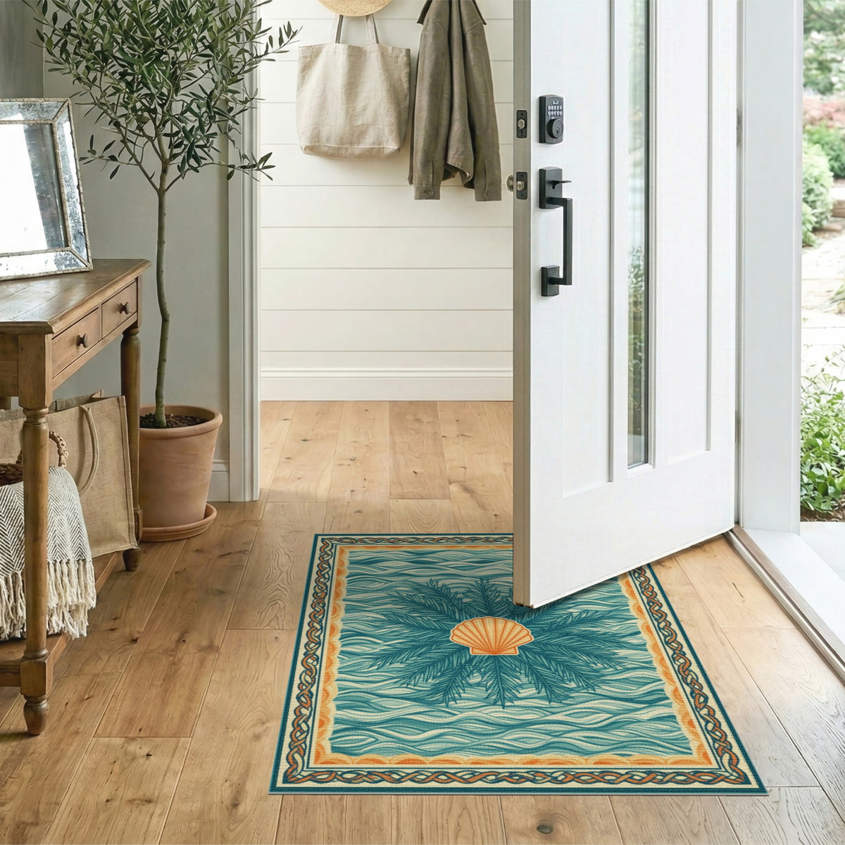 Blue and Teal Coastal Seashell Wave Area Rug