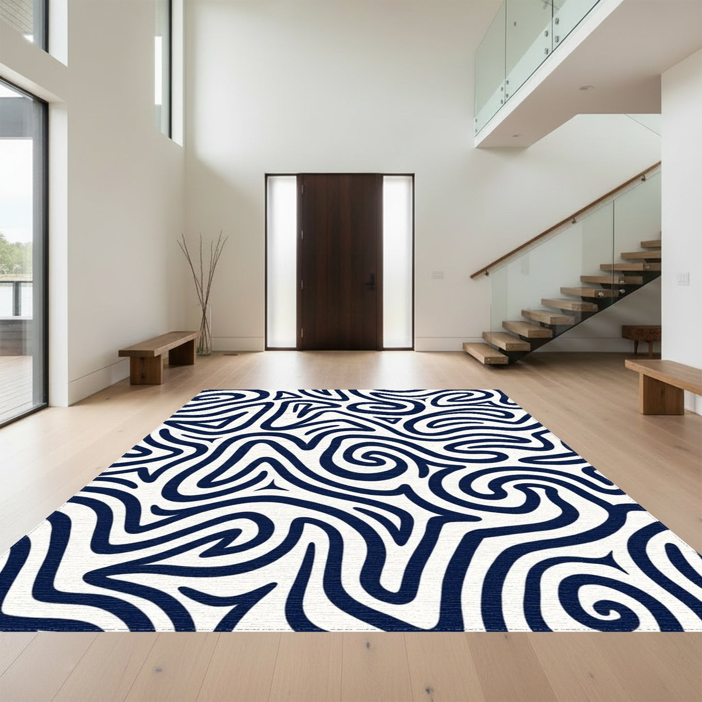 Navy Wavy Lines Abstract Rug