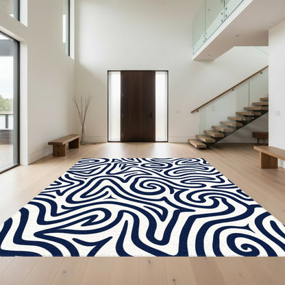 Navy Wavy Lines Abstract Rug