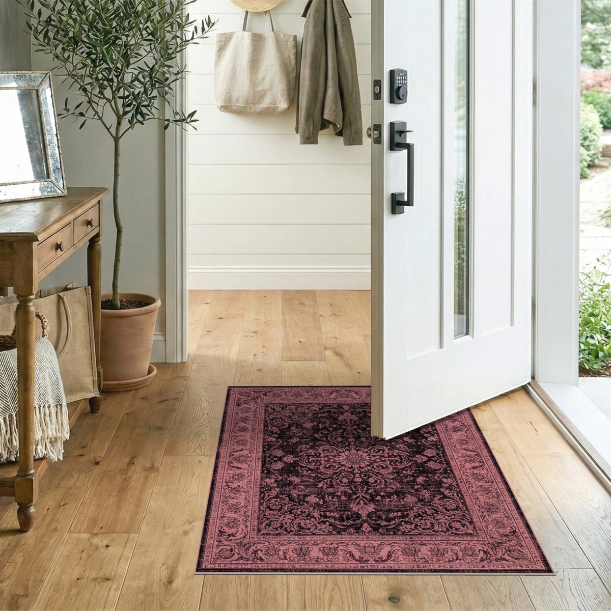 Pink Distressed Vintage Floral Area Rug