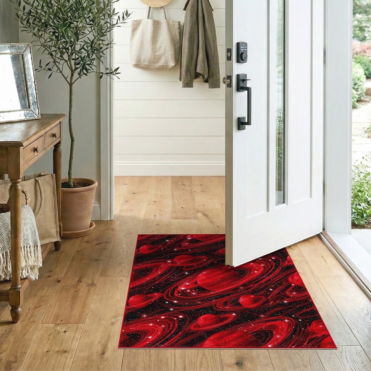 Red Cosmic Planets Washable Area Rug
