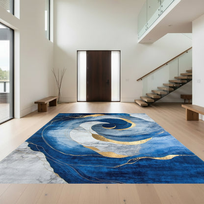 Navy Gold Swirl Marble Rug