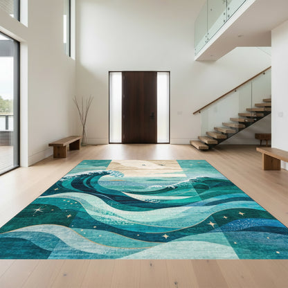 Teal Waves Starry Seascape Rug