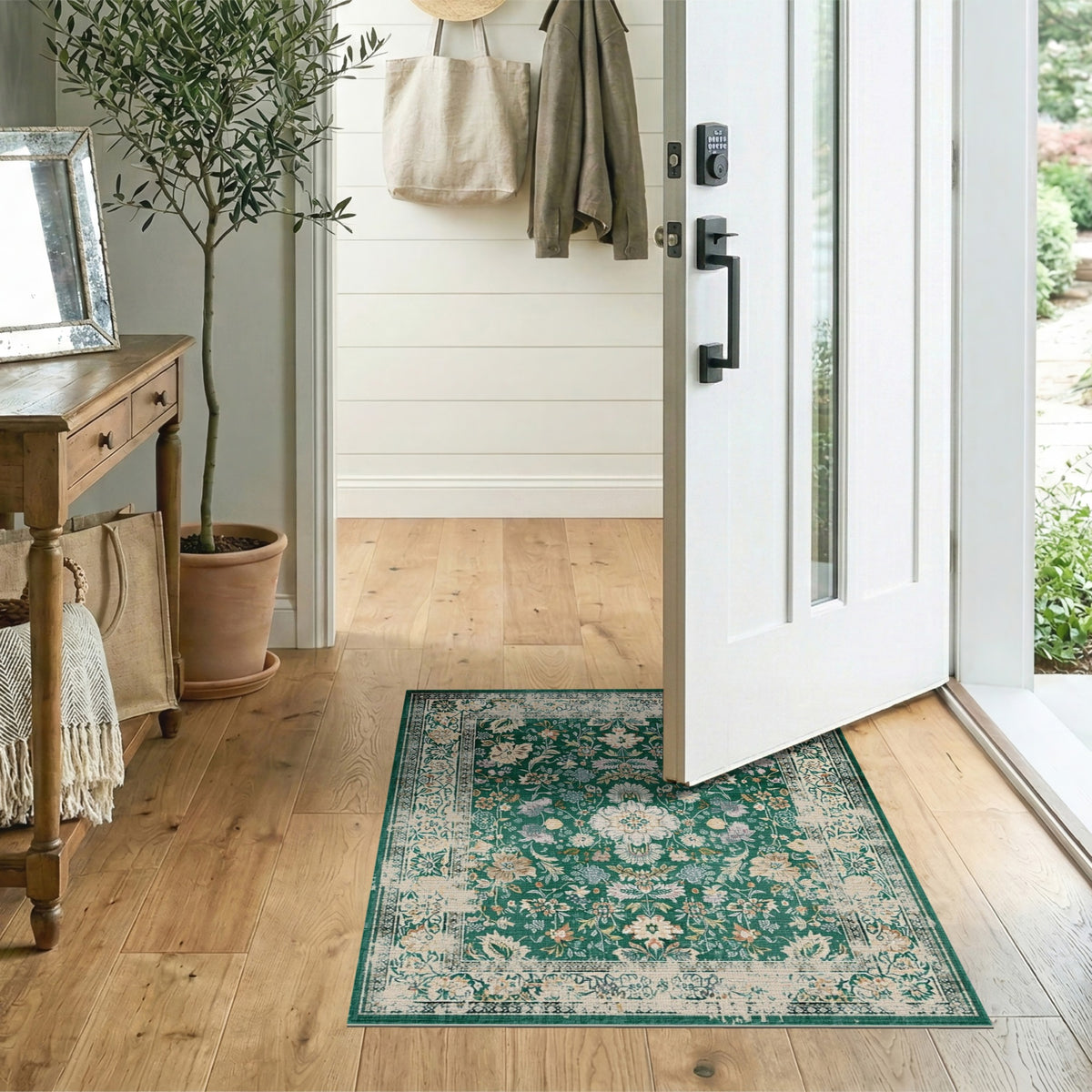 Green Floral Vintage Area Rug