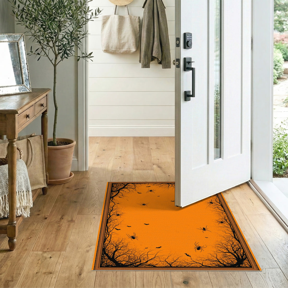 Orange Halloween Spider Bat Washable Area Rug