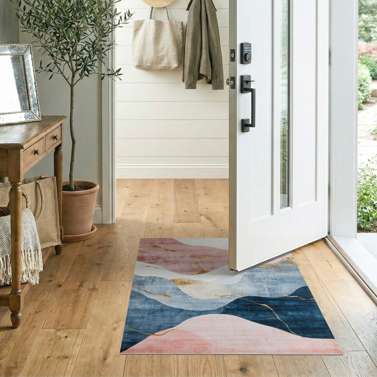 Pink Blue Abstract Wave Area Rug